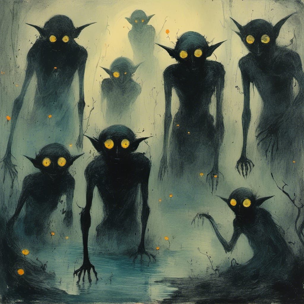 Mystical Delftware Goblins in Dark Forest Scene