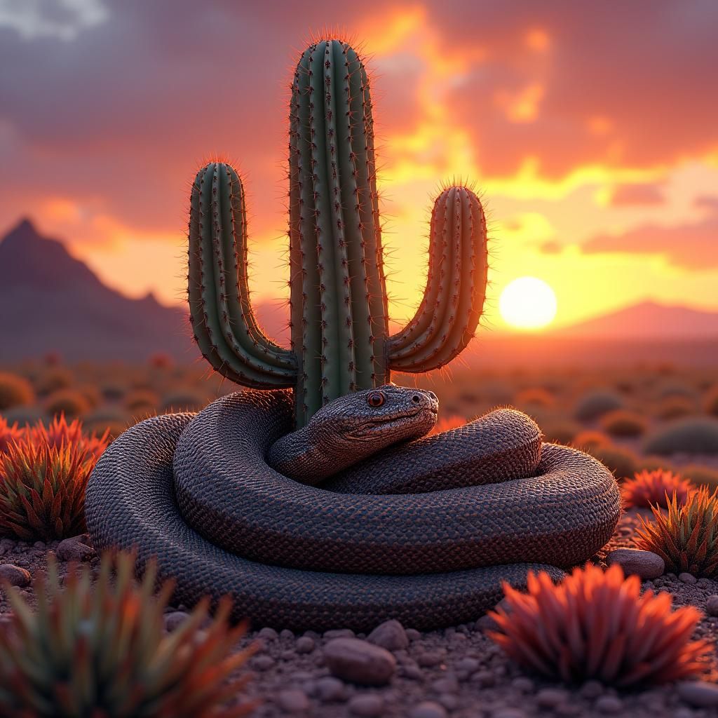 Rattlesnake and Saguaro Cactus in Fantasy Sunset