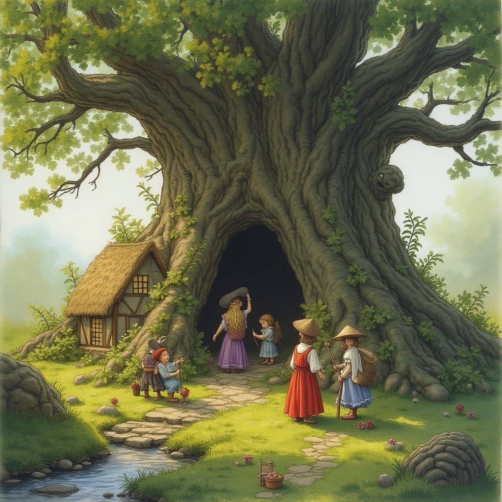 Miniature Celtic Village in Ancient Oak Tree, Watercolor