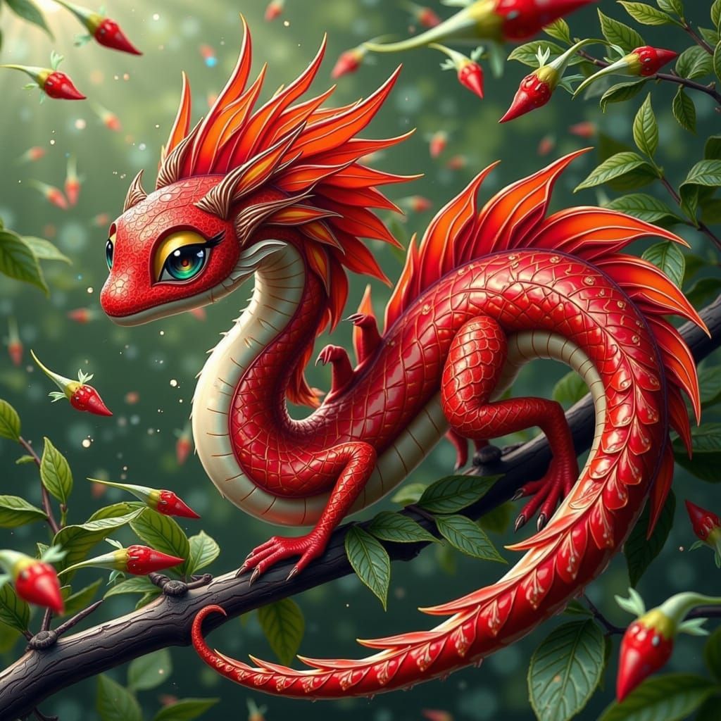 Fiery Red Dragon-Chameleon Emerges from Emerald Foliage