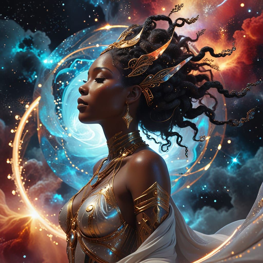 Cosmic Art Nouveau Goddess in Ethereal Light