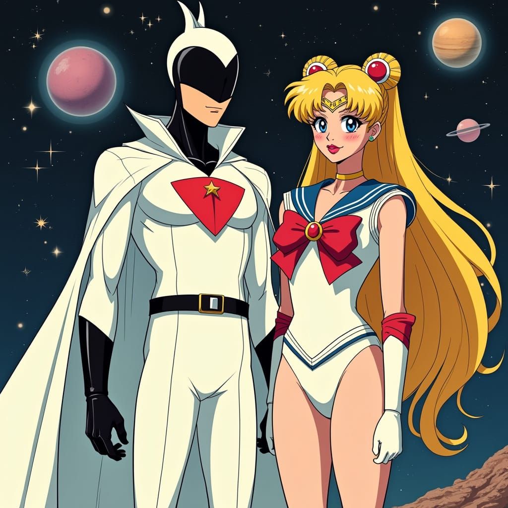 Cosmic Duo in Retro-Futuristic Glamour