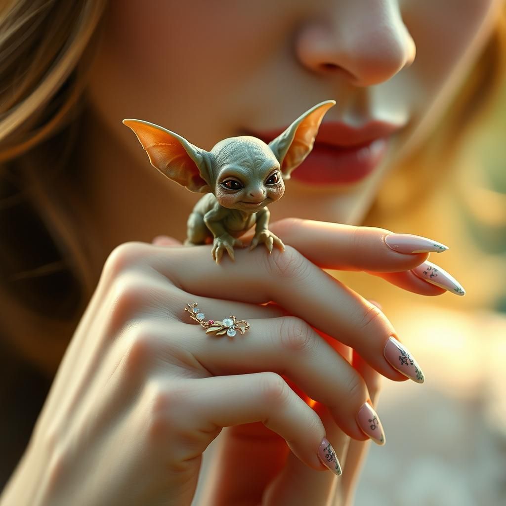 Delicate Woman Holds Tiny Goblin, Ethereal Dreamscape