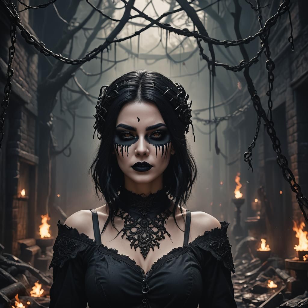 Horror Girl with Black Blindfold in Detailed Painting