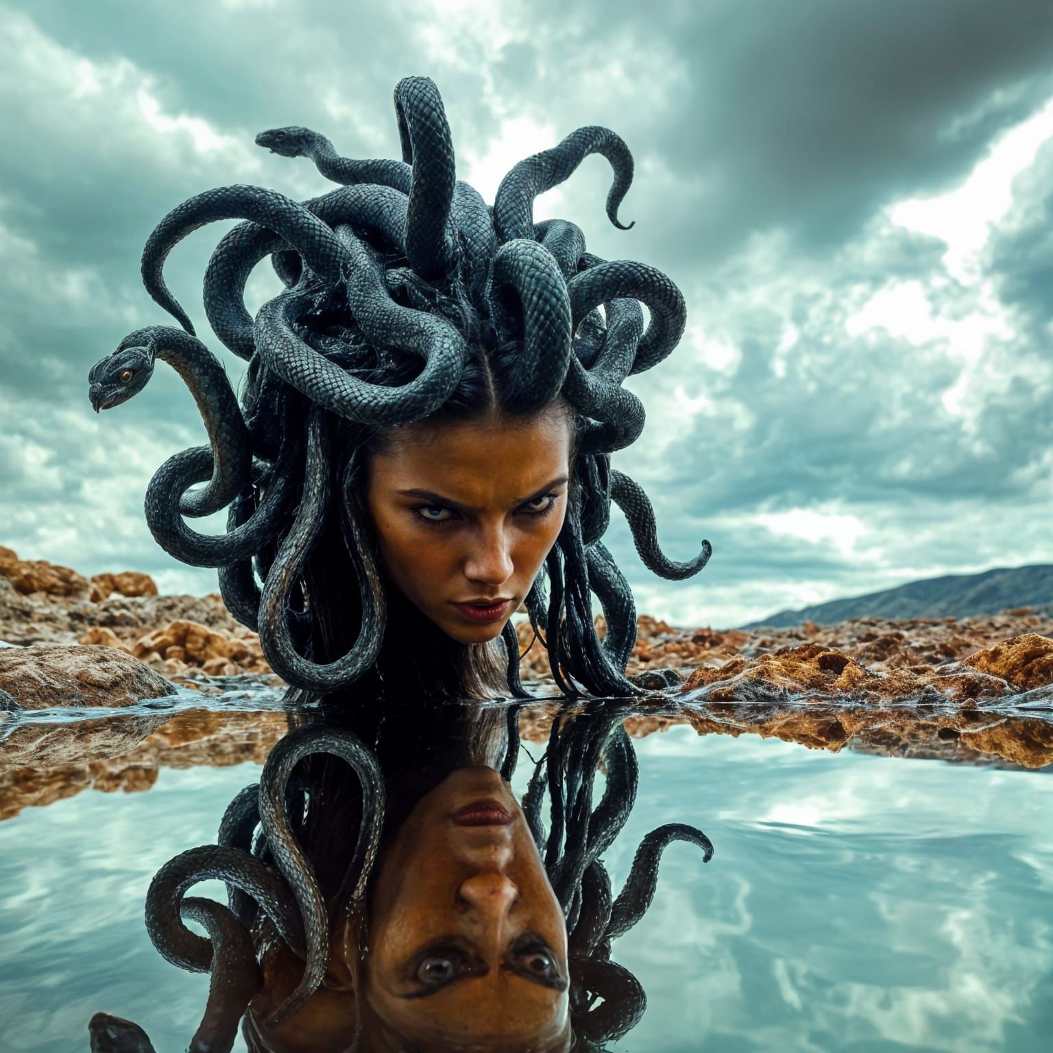 Medusa Glaring at Reflection in Moody Cyberpunk Style