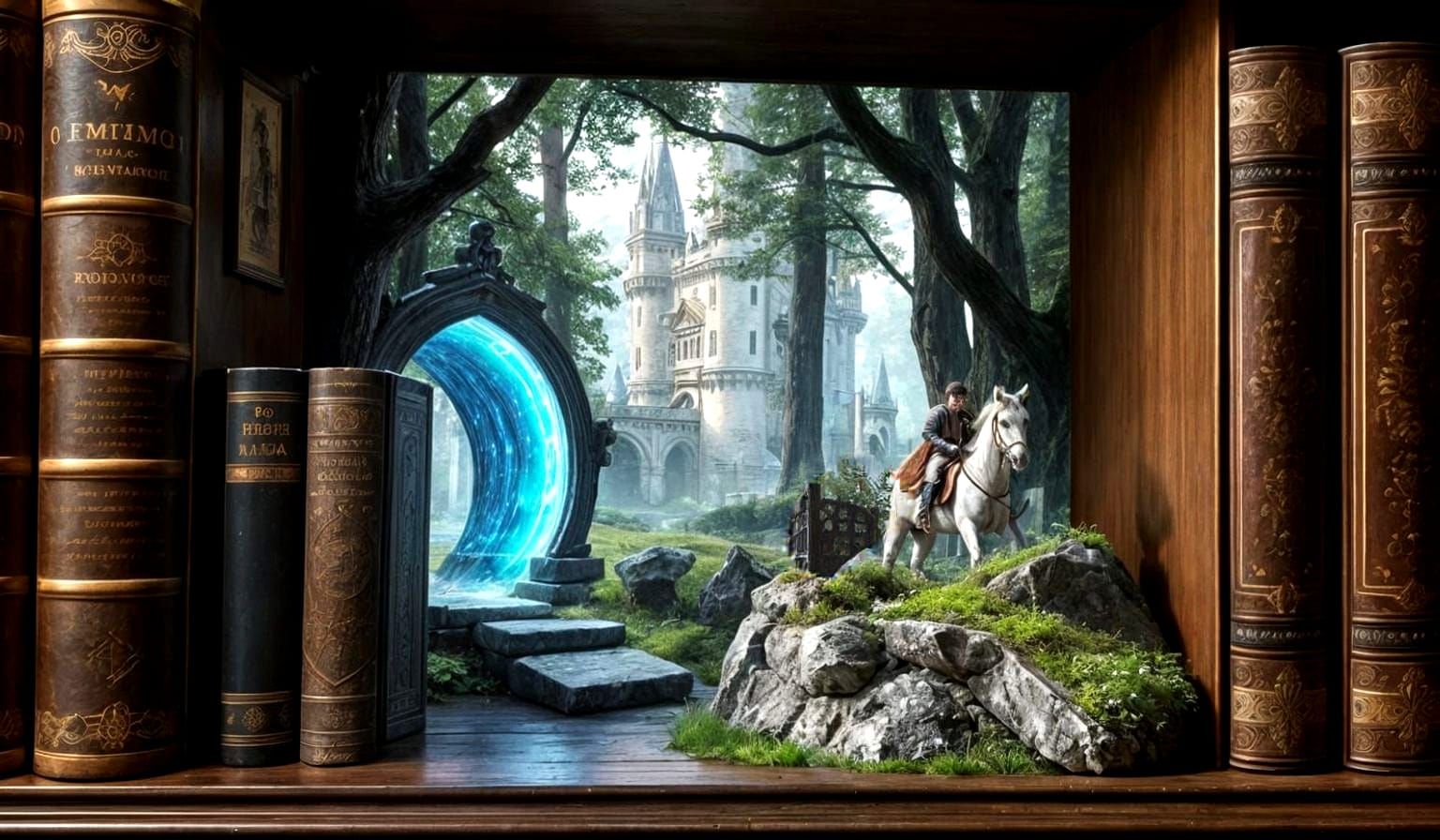 Magical Bookshelf Portal to Fairytale Forest
