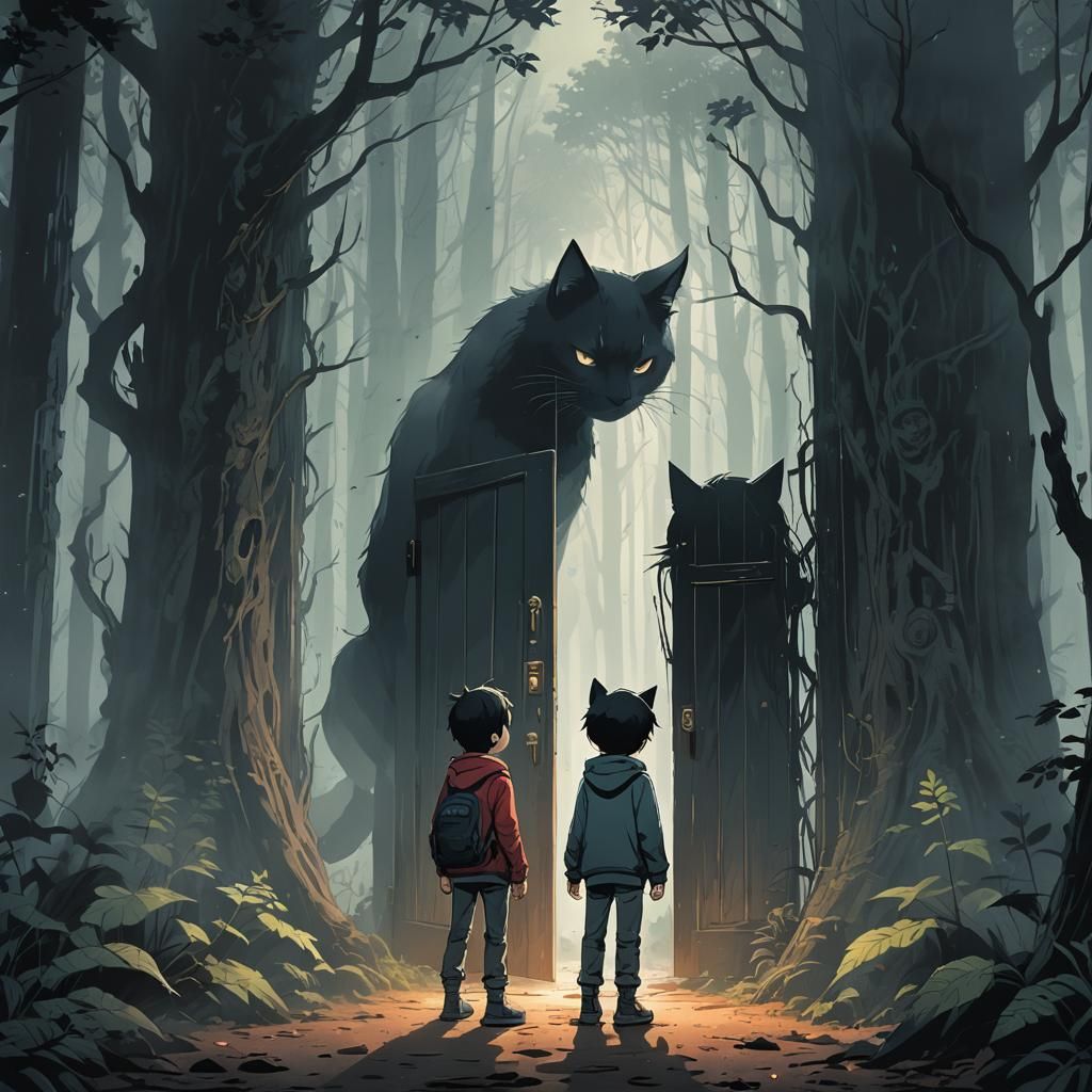 Boy and Scary Cat in Misty Forest: Anime Art