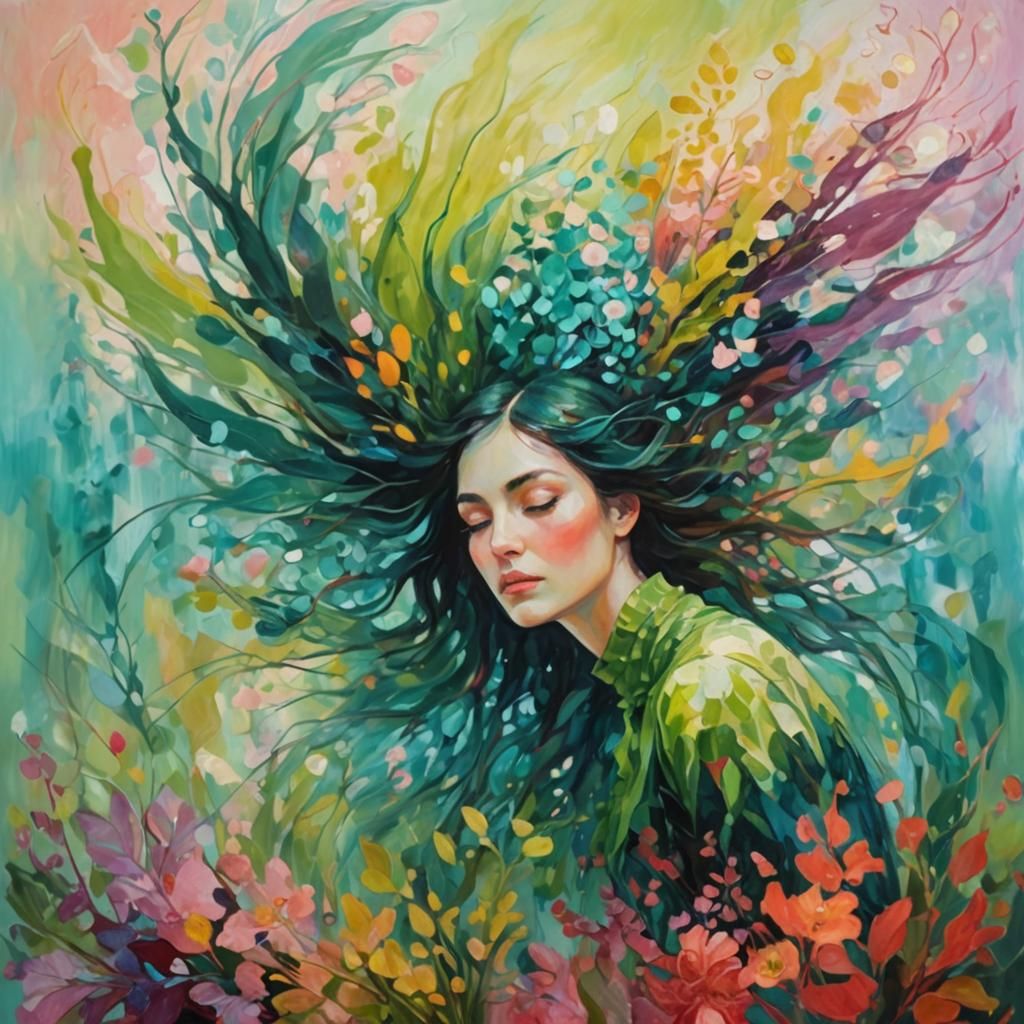 Woman in Lush Greenery: Abstract Klimt-Inspired Art