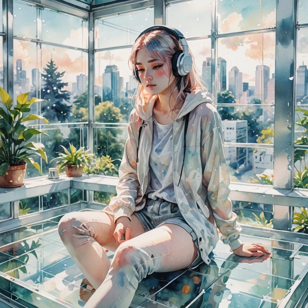 Girl in Glass Room: Vibrant Watercolor Anime