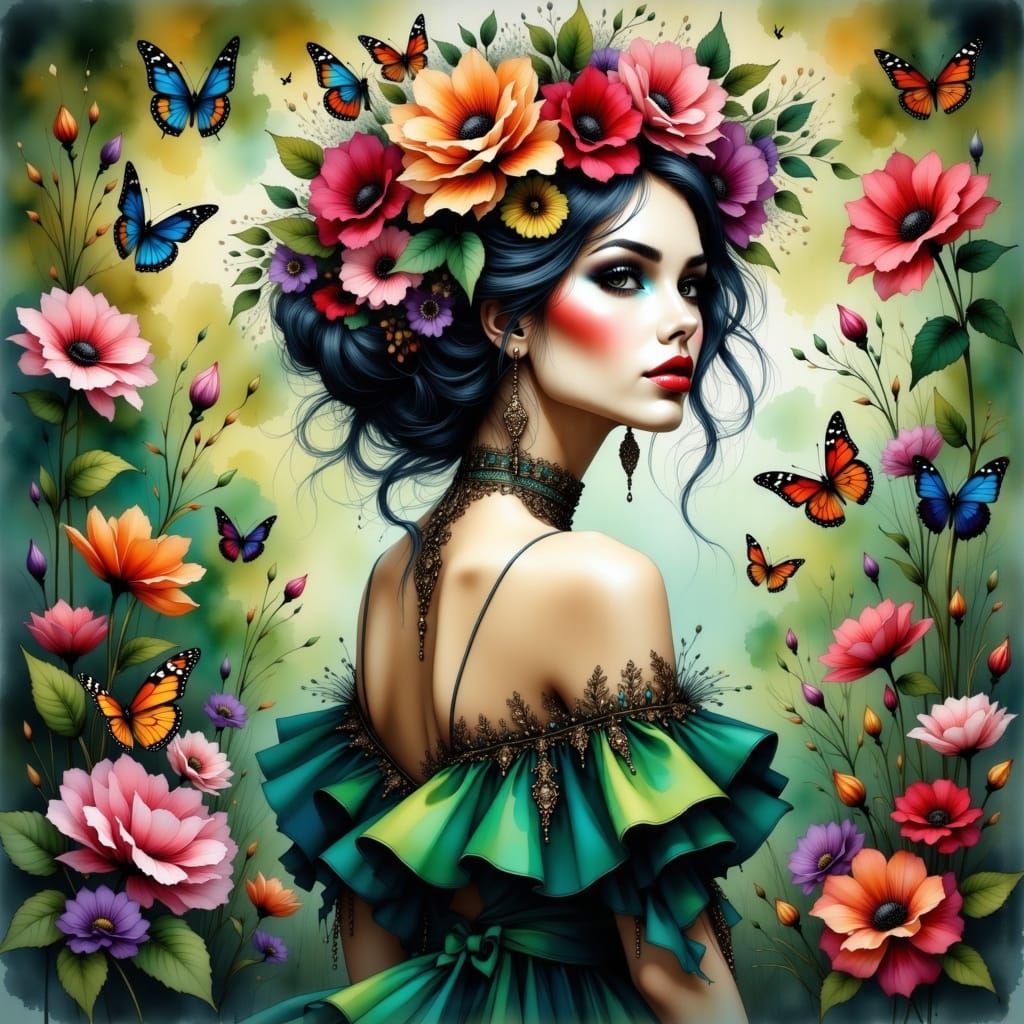 Enchanting Victorian Goddess Surrounded by Whimsical Butterf...