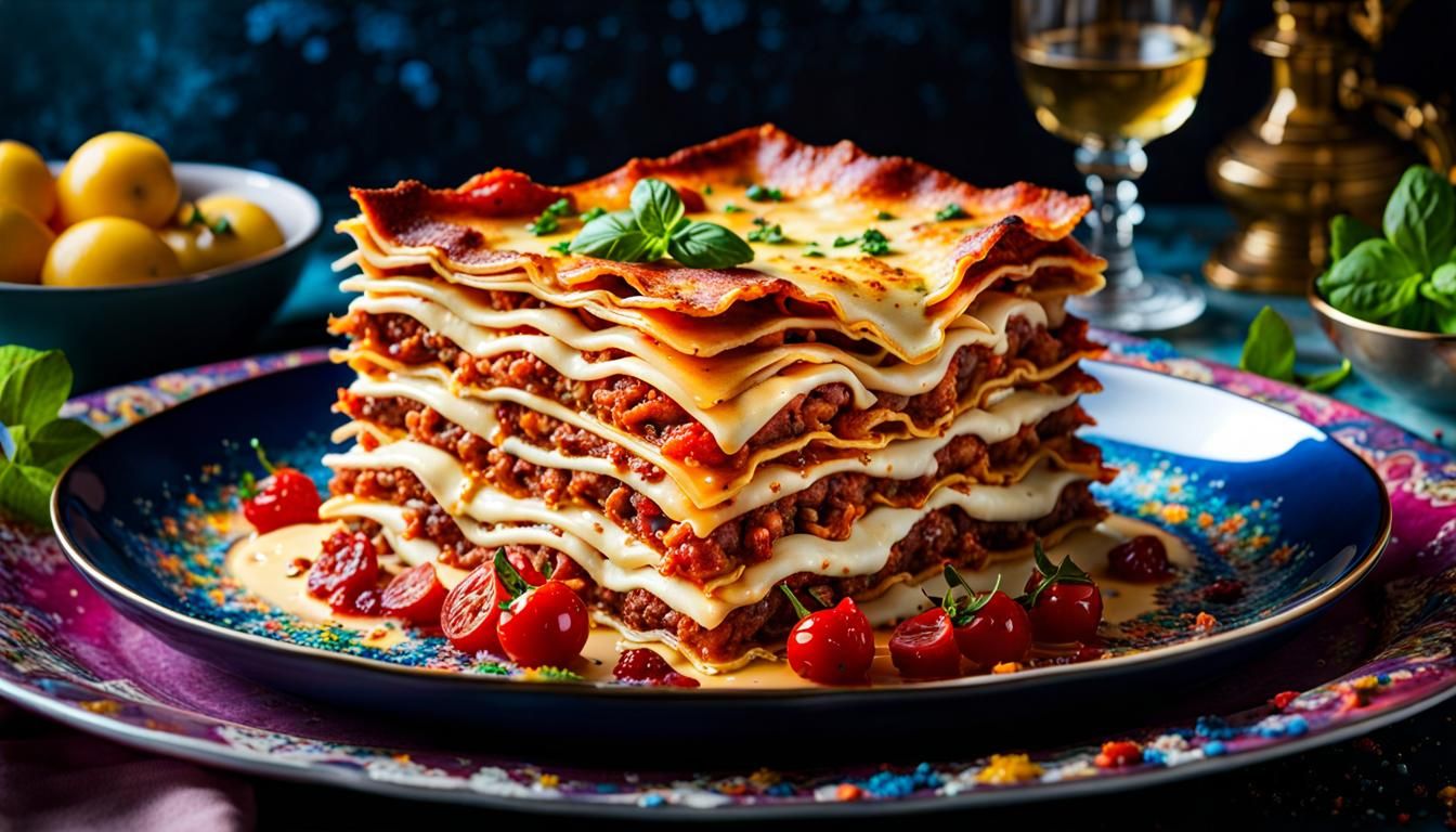 Hyperrealistic Lasagna on Decorative Plate with Splatter Art