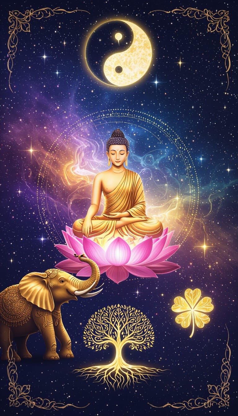 Spiritual Cosmic Wallpaper: Meditating Buddha & Celestial Sy...