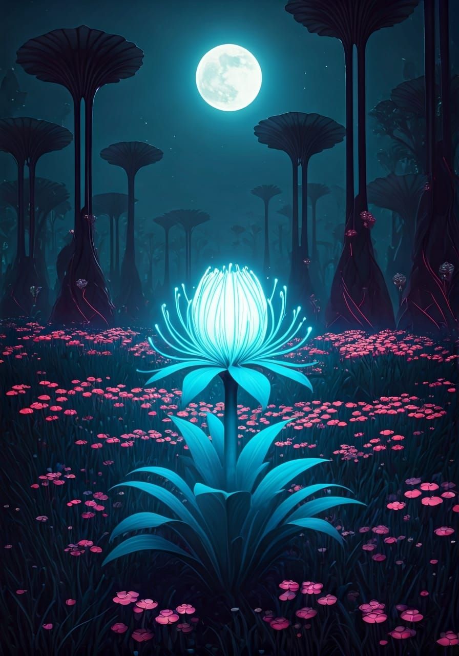 Bioluminescent Flower in Alien Meadow: Dreamlike Landscape