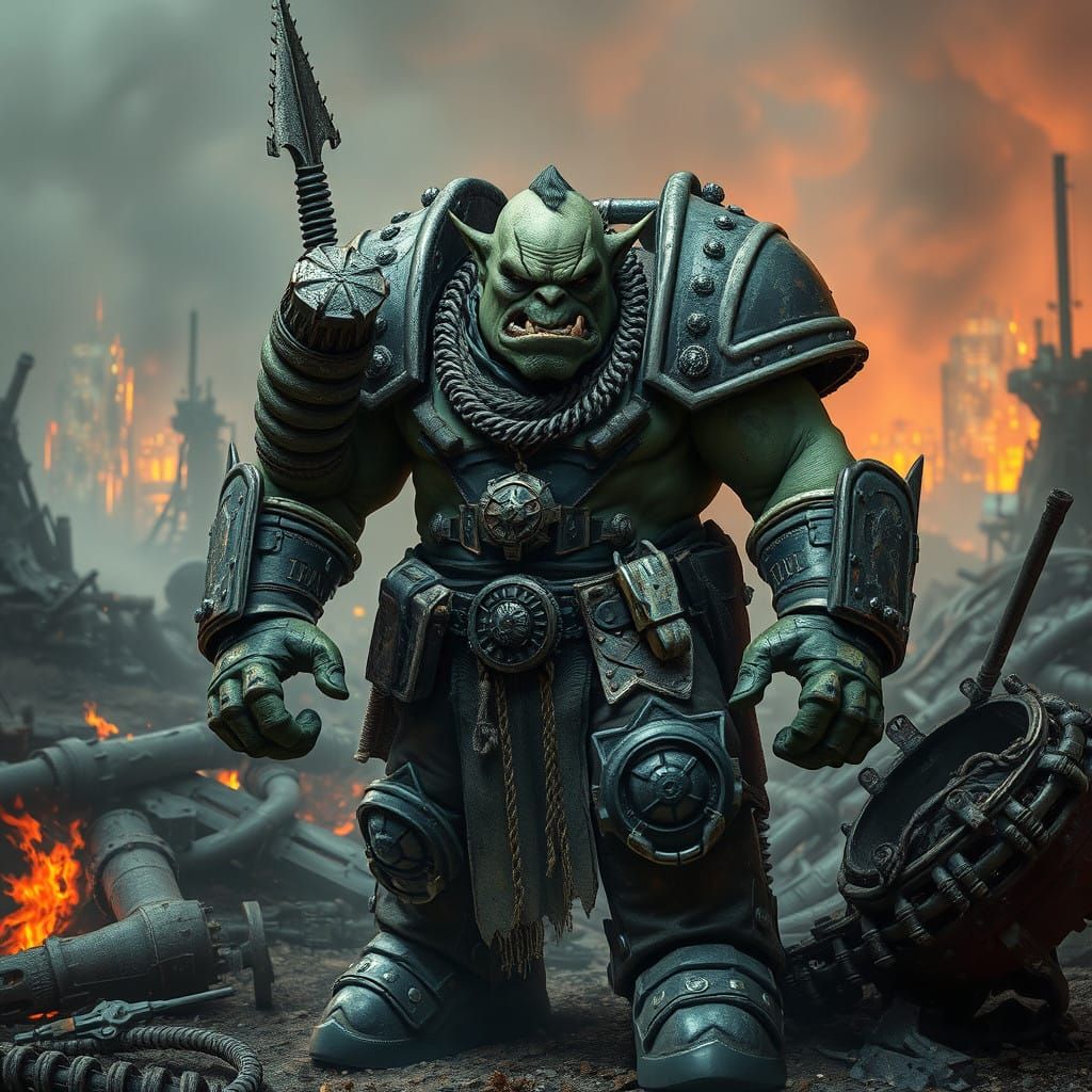 Cyberpunk Ork Warrior in Industrial Wasteland