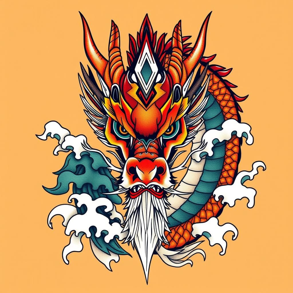 Vibrant Tribal Dragon Head with Asian Motifs