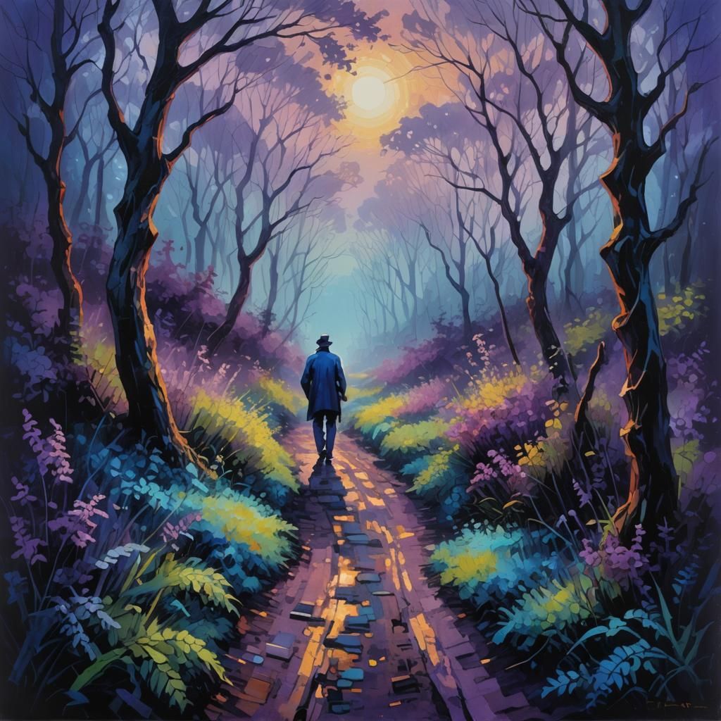 Neo-Impressionist Figure Wanders Through Dark Forest