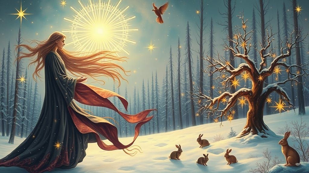 Enchanted Wiccan Goddess Amidst Twinkling Snowflakes