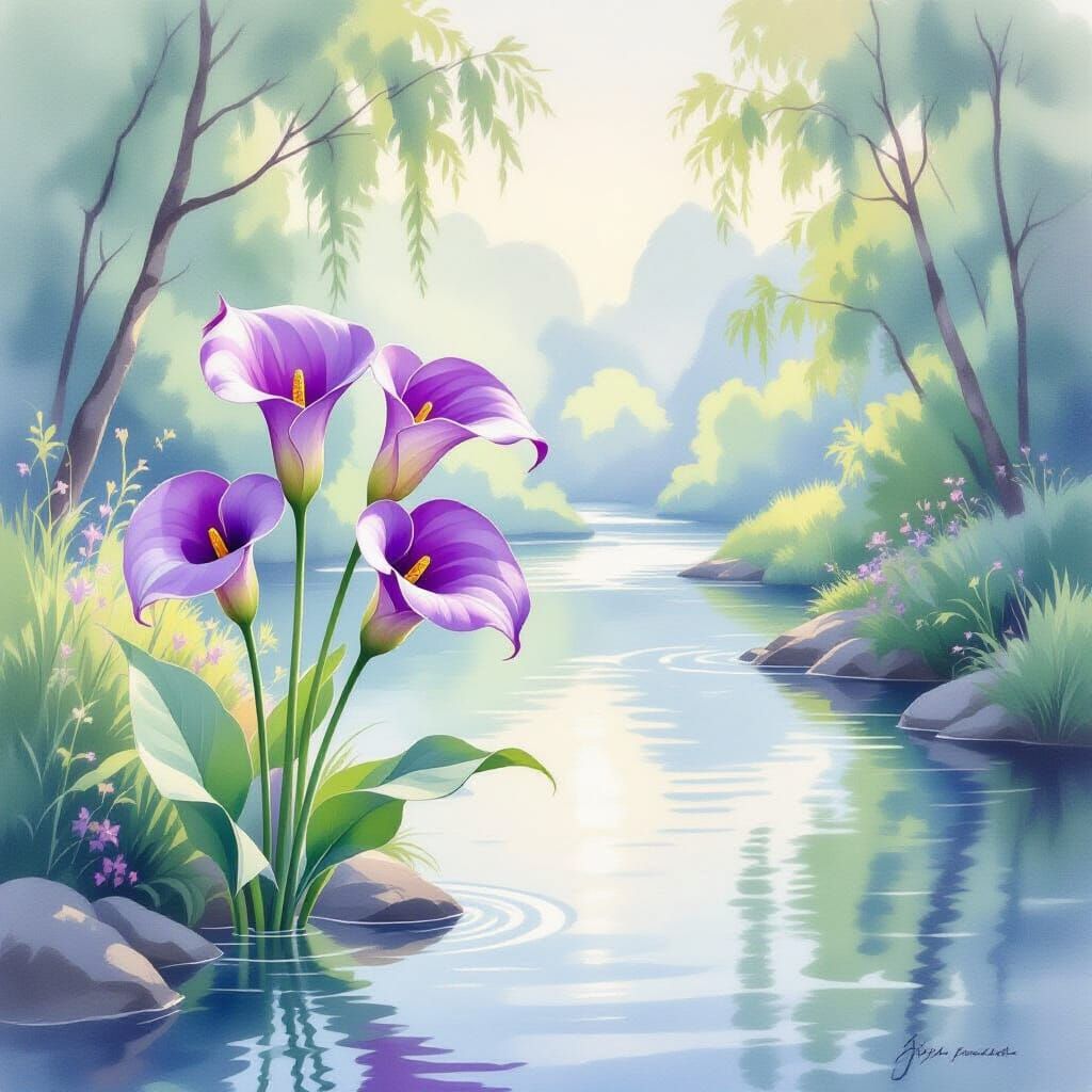 Purple Calla Lilies by River in Watercolor Style