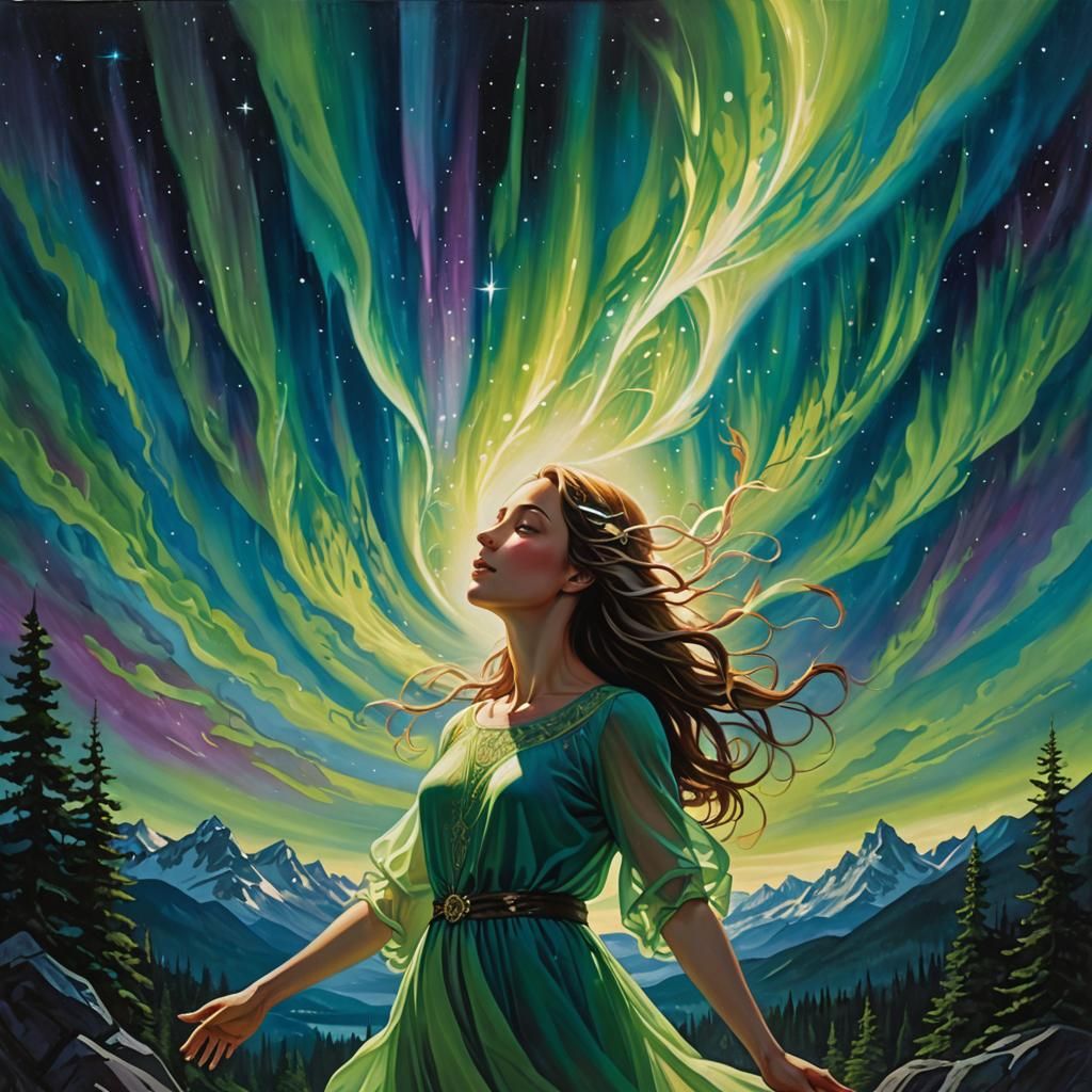 Girl Merging with Aurora Borealis: Abstract Painting