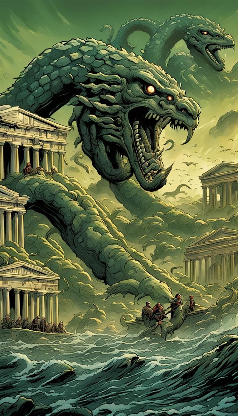 Hydra Attacks Ancient Athens in Comic Book Style