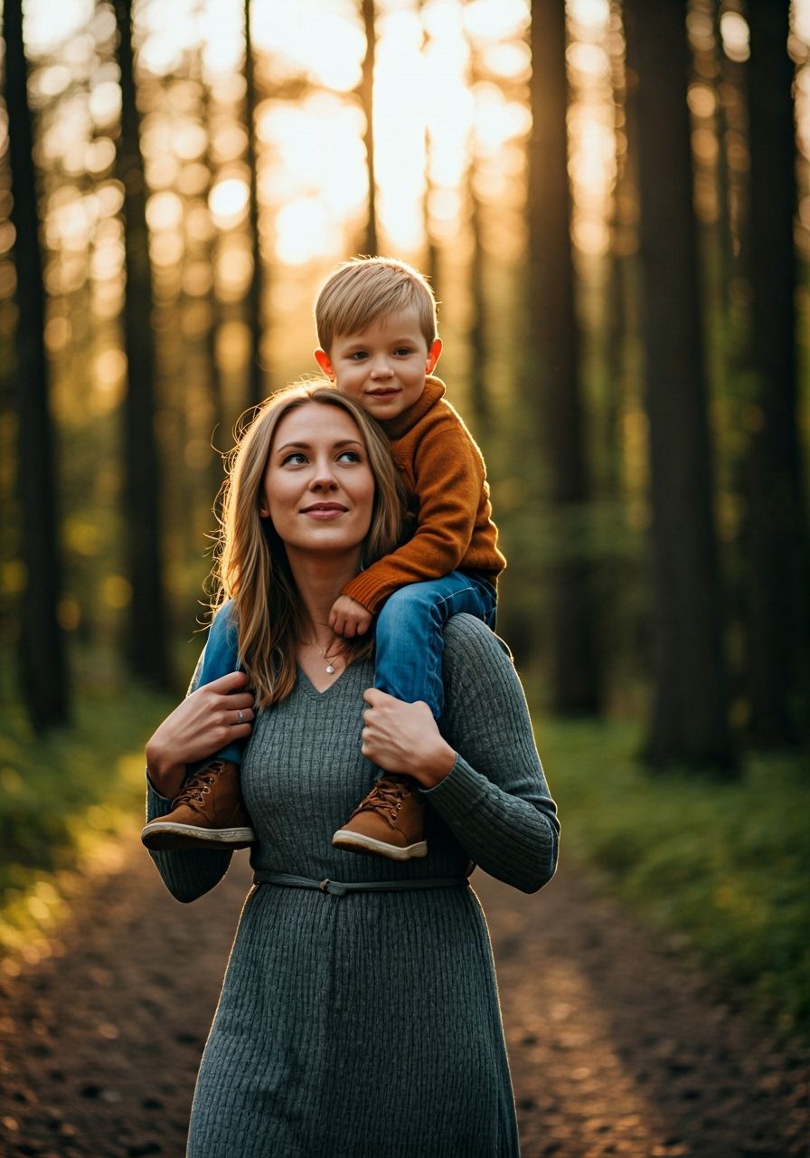Mother and Son in Sun-Dappled Forest at Golden Hour