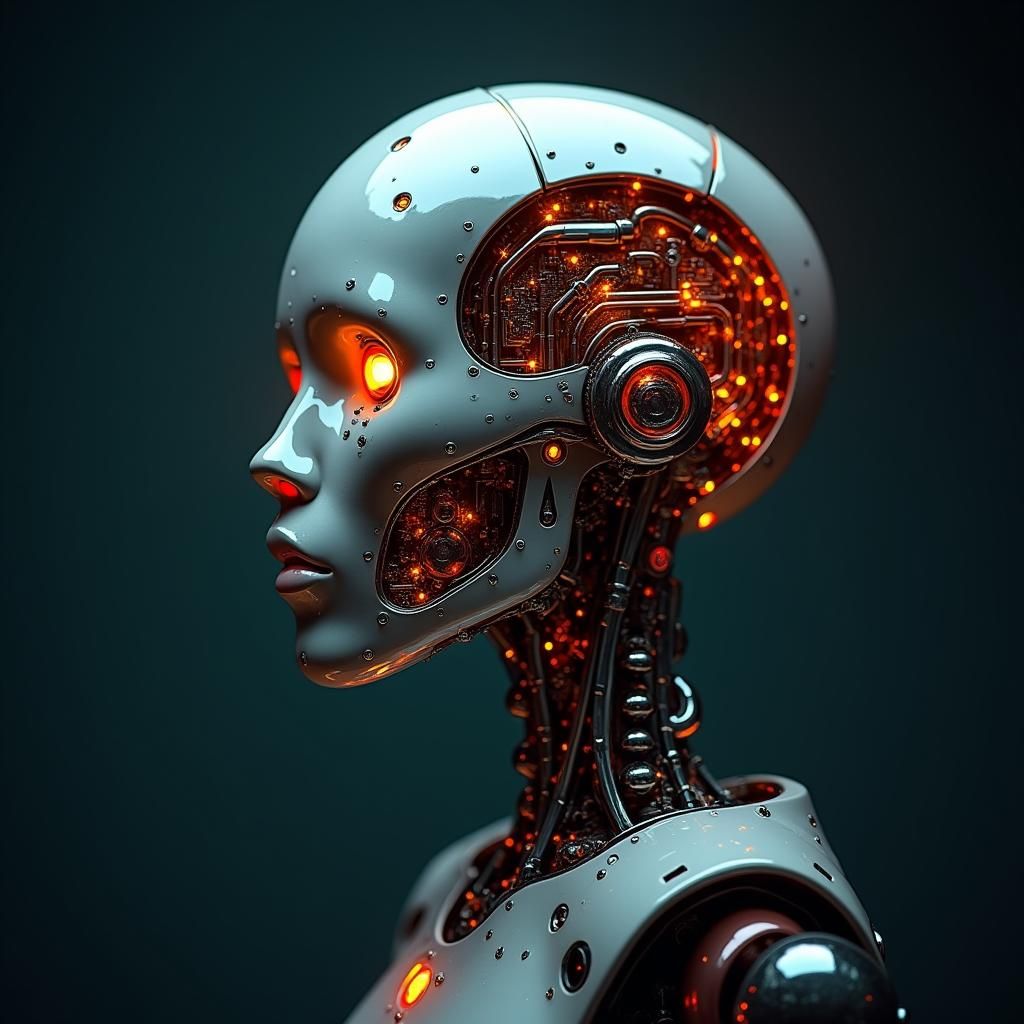 Metallic Robot Head Portrait in Cyberpunk Style