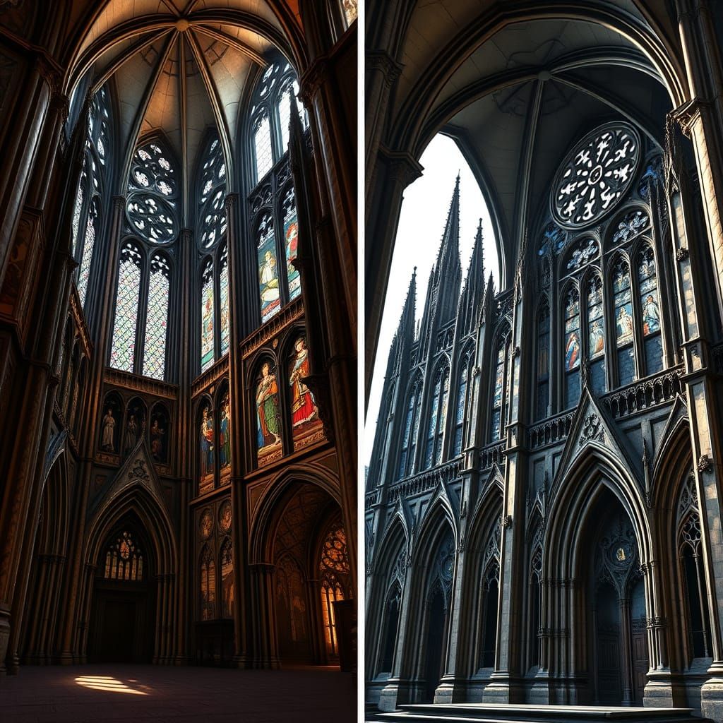 Gothic Cathedral Diptych: Exterior and Interior Views
