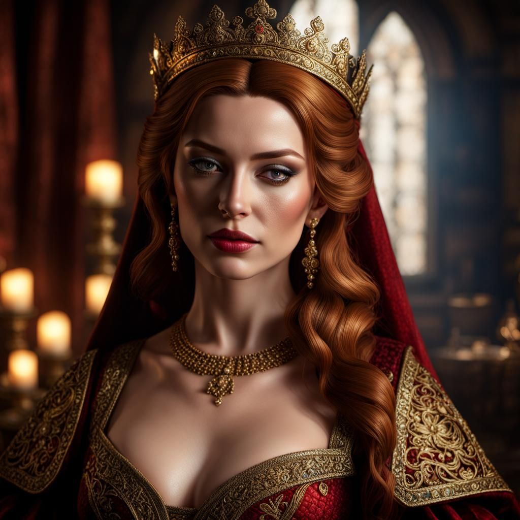 Medieval Queen in Boudoir with Dramatic Lighting