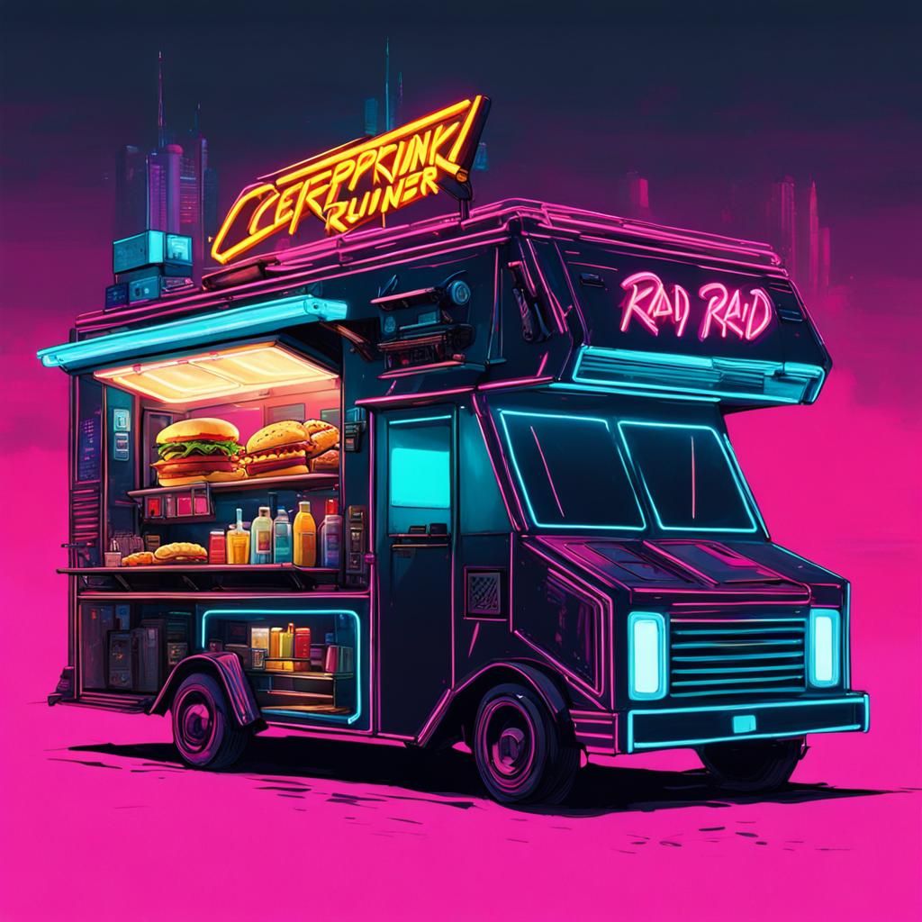Cyberpunk Food Truck in Neon Cityscape
