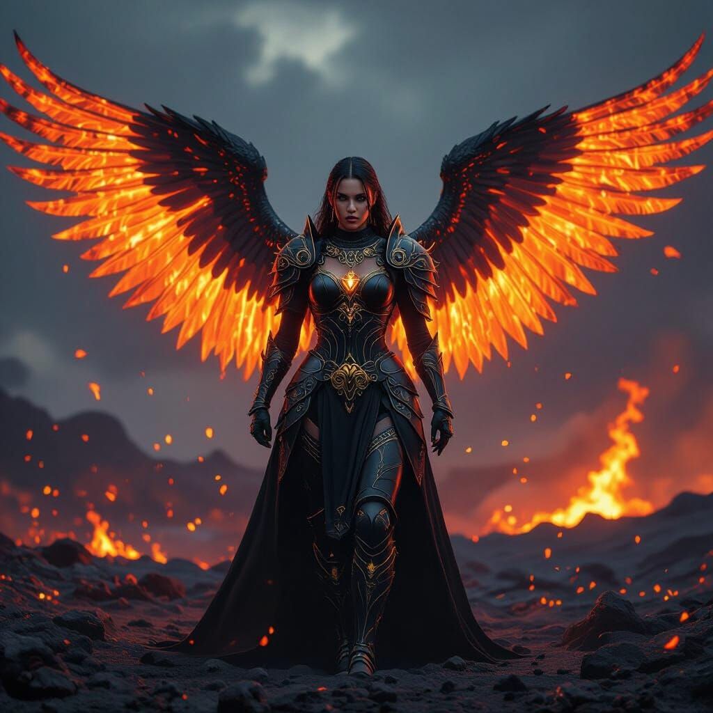 Fiery Angel Warrior in Volcanic Landscape