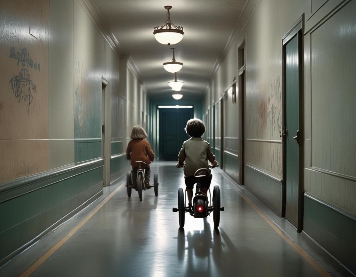 Eerie Tricycle Ride: Cinematic 1970s-Style Scene