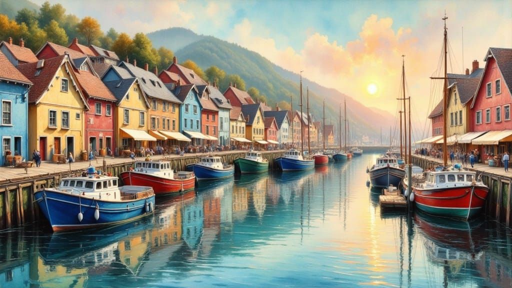 Charming Waterfront Town in Earthy Oil Painting Style