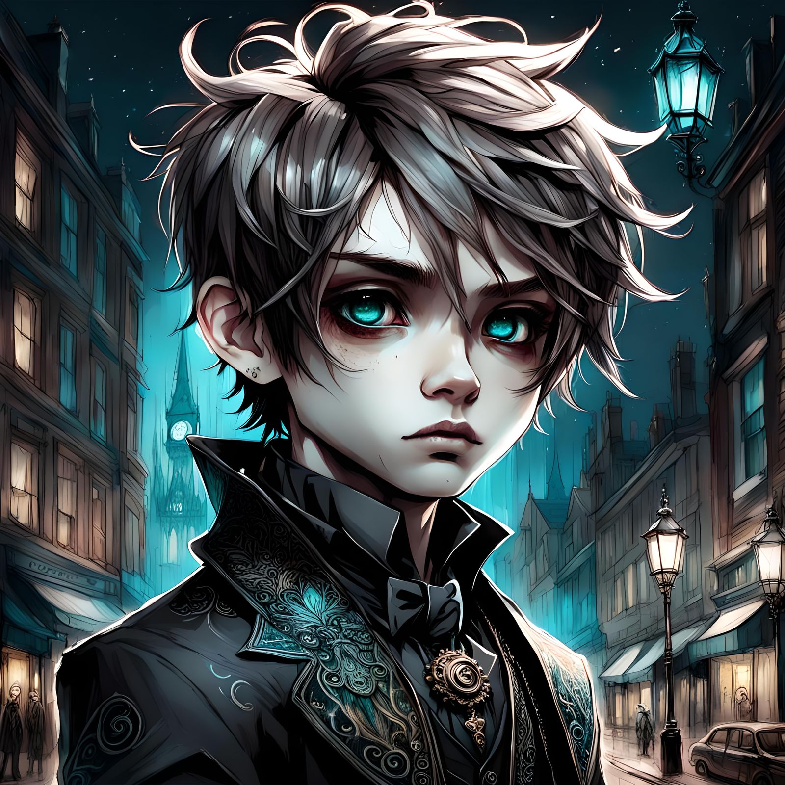 Chibi Gothic Victorian Boy in London Night