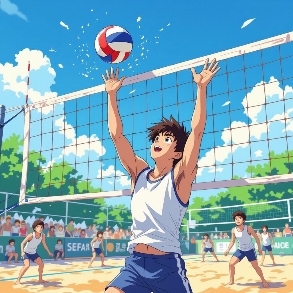 Anime style, Studio Ghibli, summer, beach volleyball male player in a tank top spiking the ball over the net. Impression...