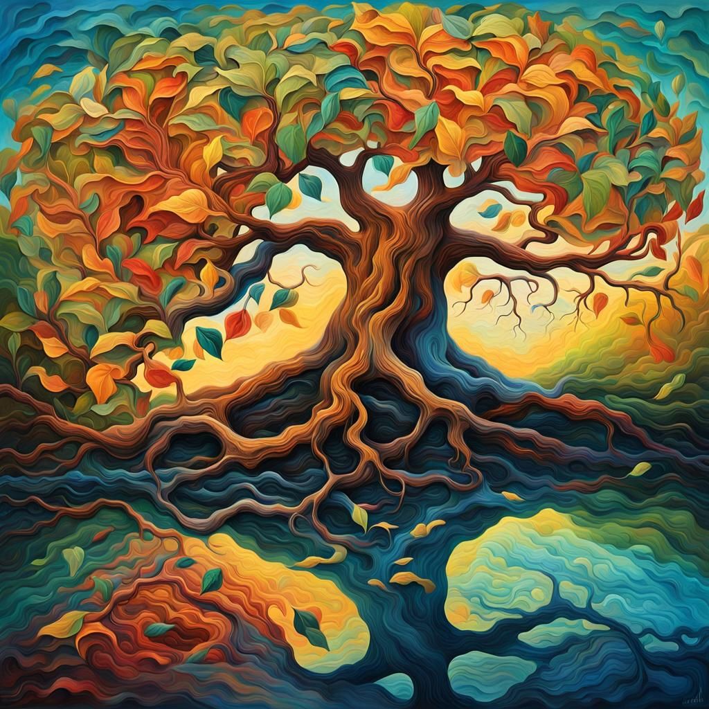 Surreal Tree with Roots Flowing into River of Color