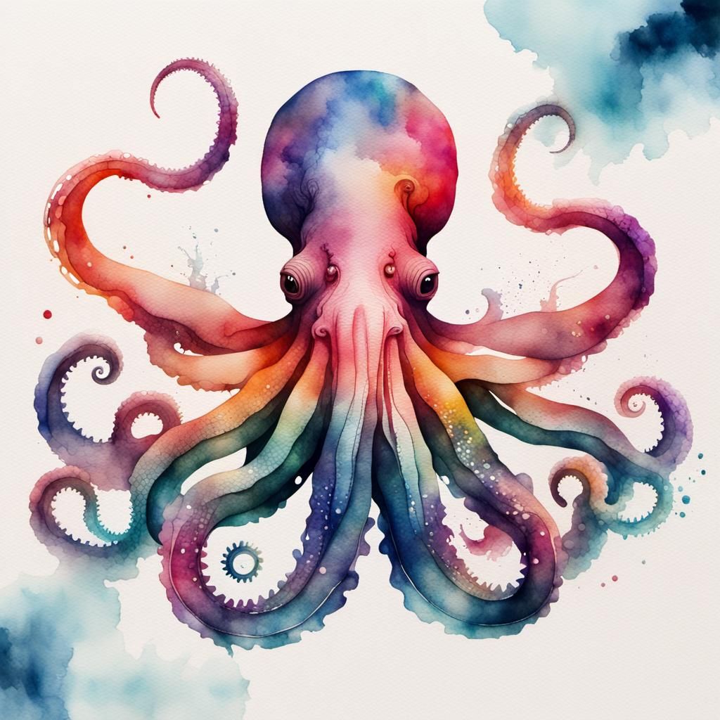 Hyperdetailed Kraken Double Exposure Watercolor Painting