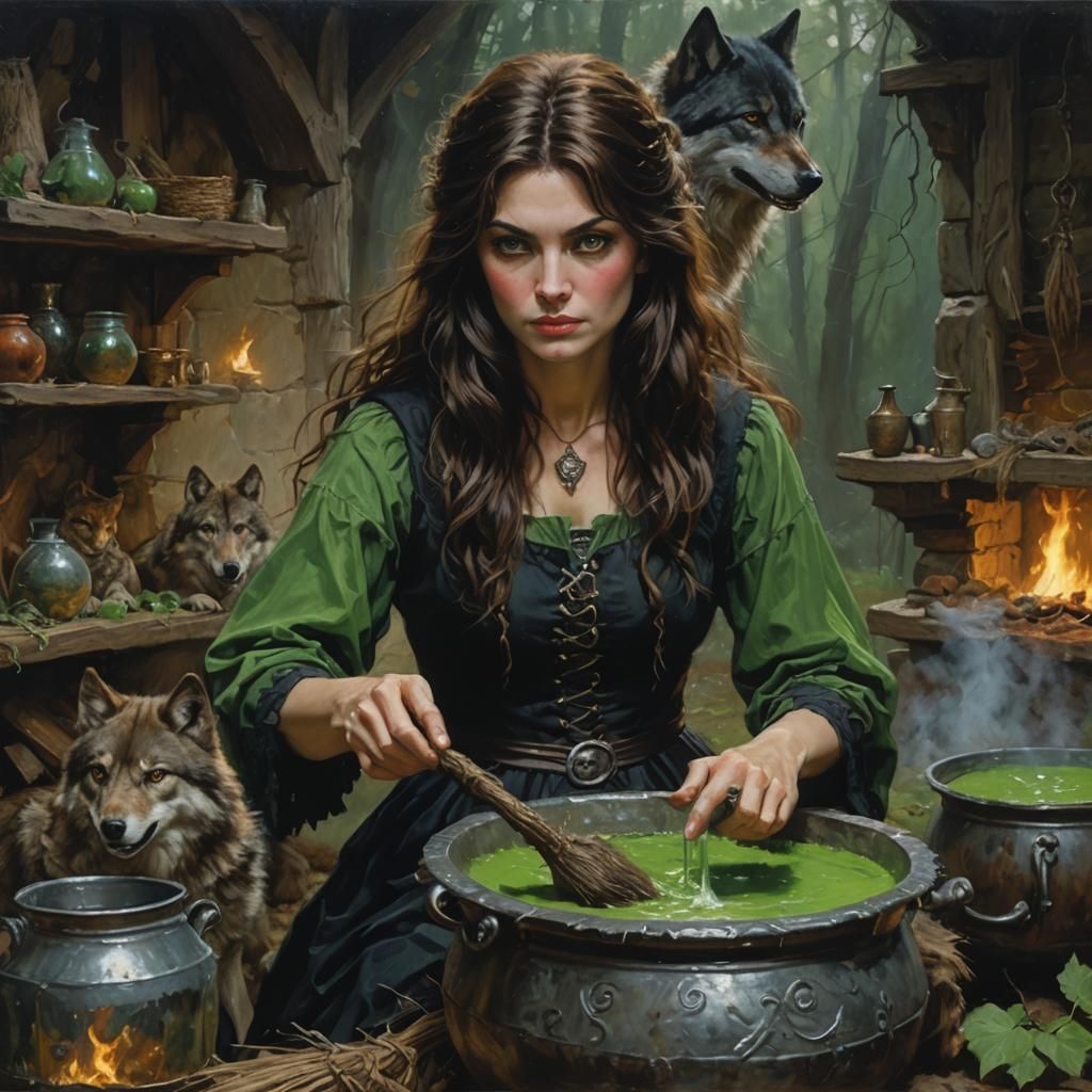 Fantasy Witch Playing with Wolf as Oil Painting