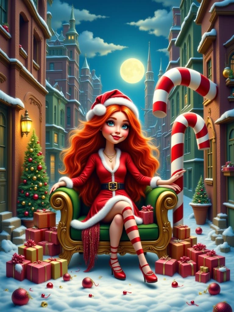 Bratz Style Woman in Santa Outfit on Candy Cane Throne