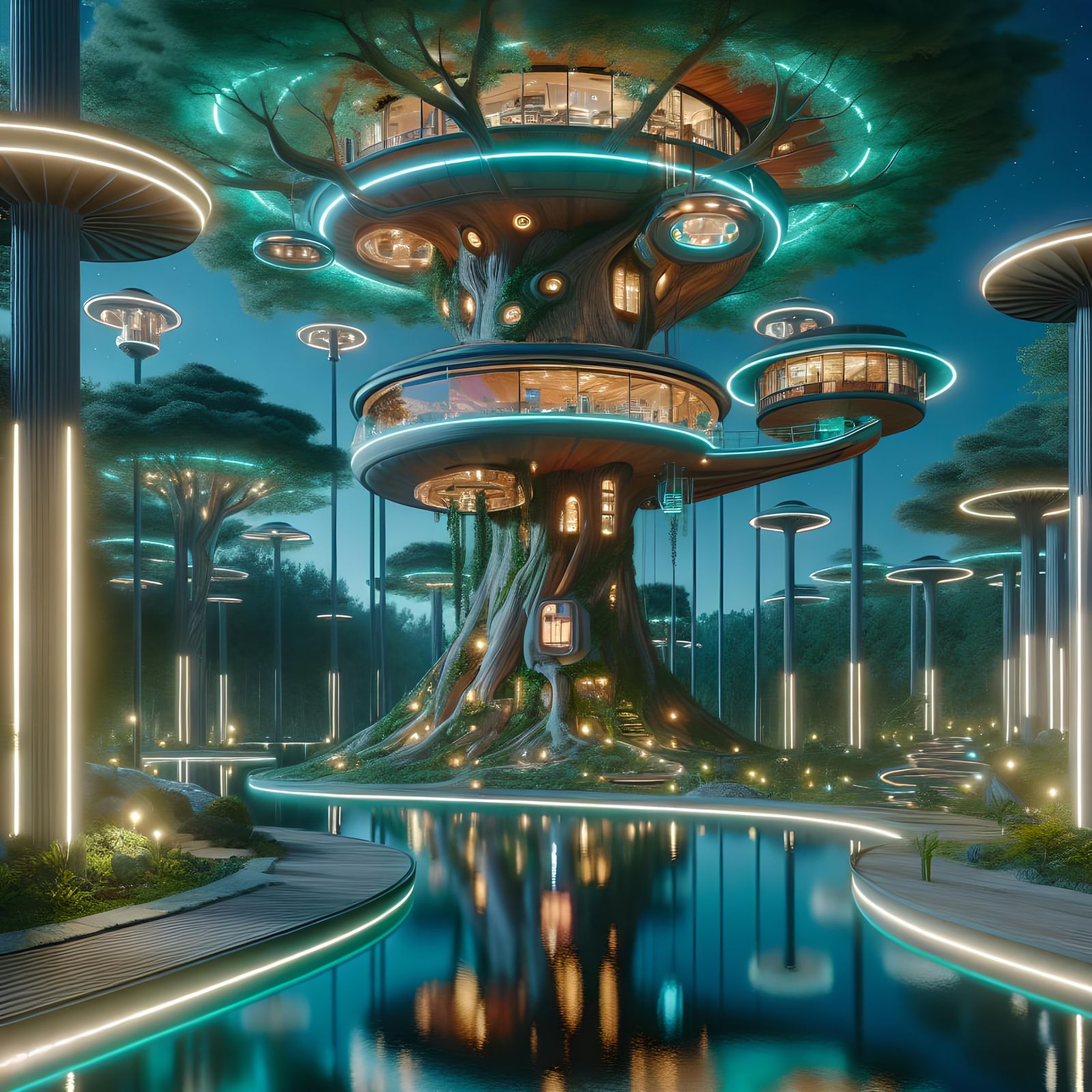 Futuristic Treehouse in Retro-Futuristic Landscape
