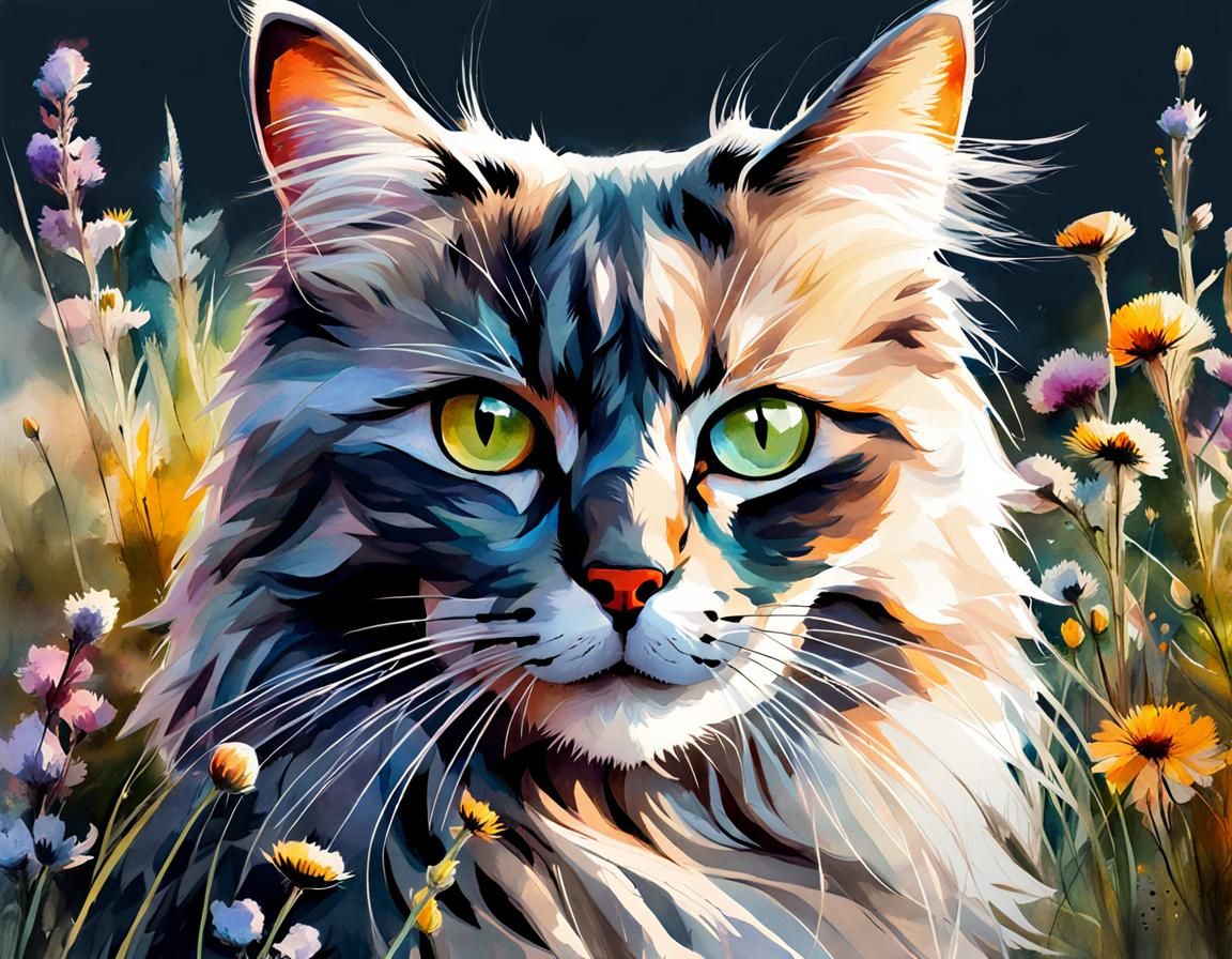 Fluffy Gray Cat in Summer Sunrise, Watercolor Style