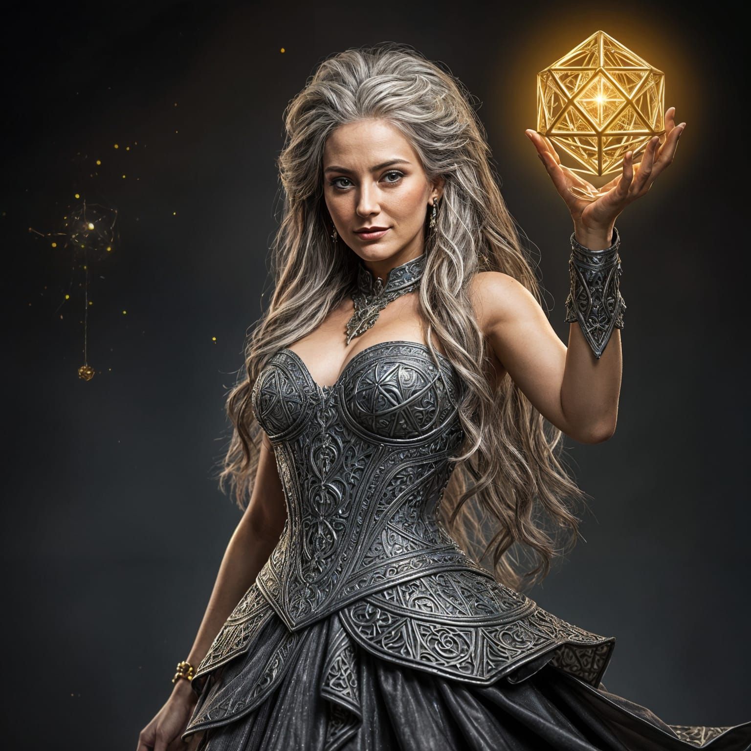 Sorceress Holding a Glowing Golden Dodecahedron in Intricate...
