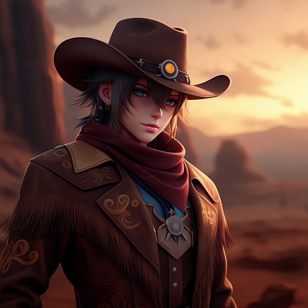 Heroic Cowboy in Ornate Outfit, Anime-Inspired Art