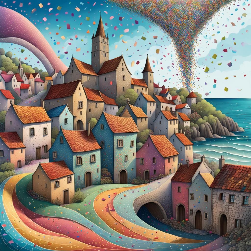 Confetti Rain: Surreal Folk Art Village Scene
