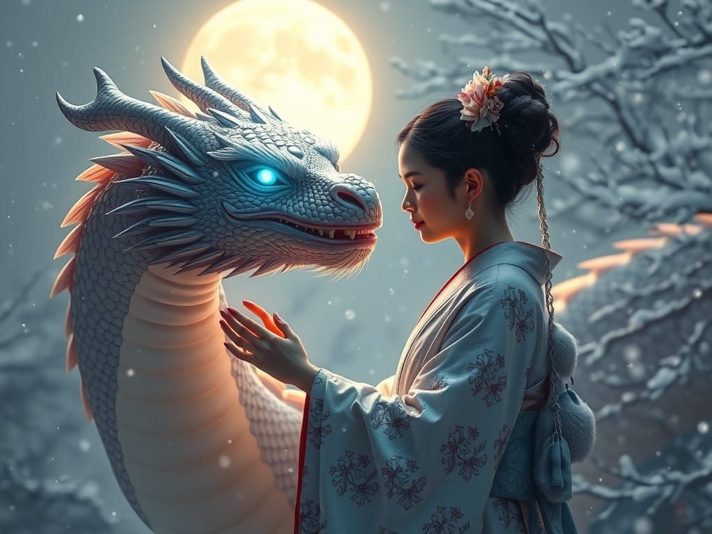 Ethereal Geisha and Dragon in Snowy Night Post-Impressionist...
