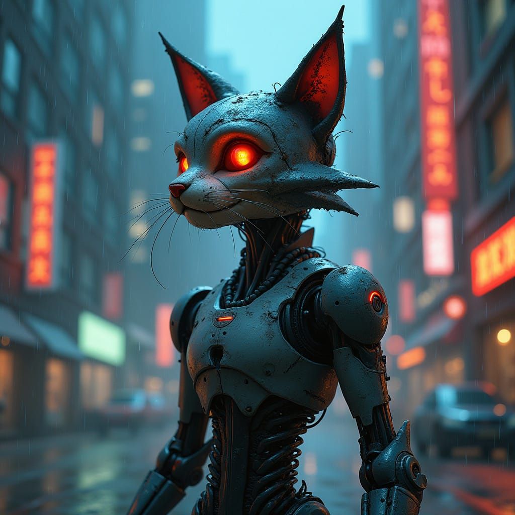 Cyborg Sylvester Terminator Icon in Dystopian Cityscape