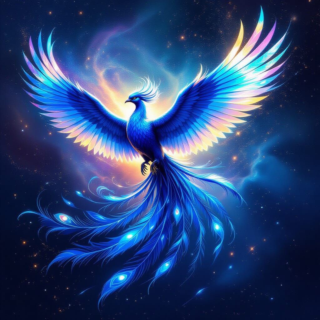 Sapphire Phoenix Takes Flight in Cosmic Nebula