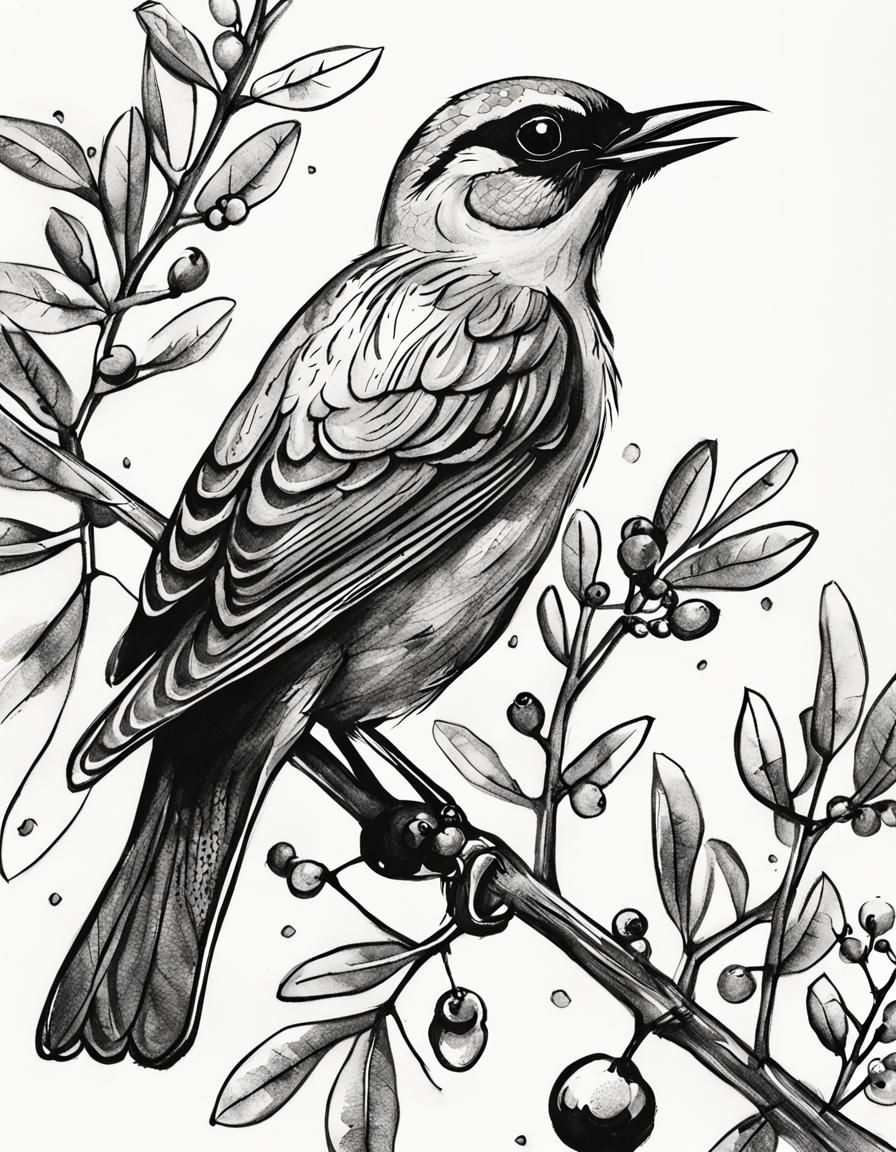 Bird Holds Whimsical Mistletoe Branch in Vintage-Inspired Pe...