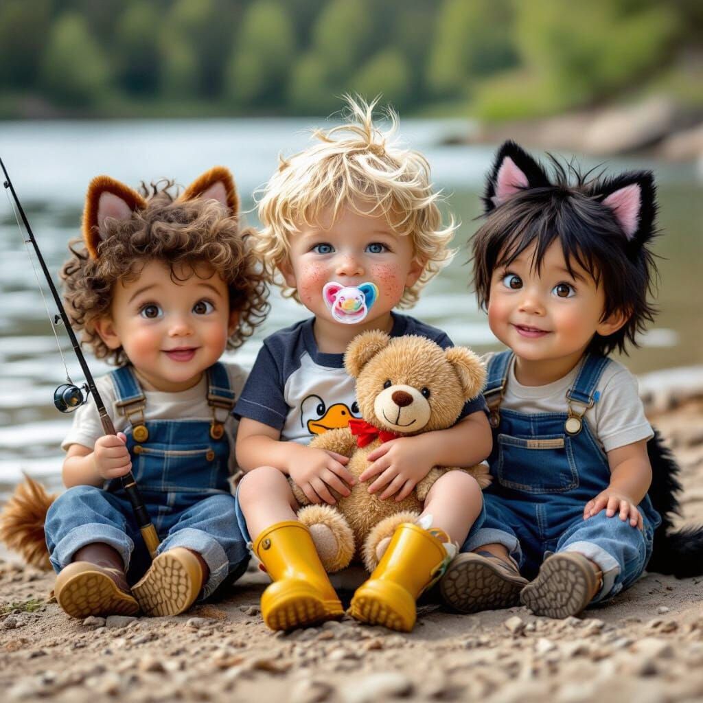 Adorable Boys with Dog Ears on Riverbank, Cinematic Film Sti...