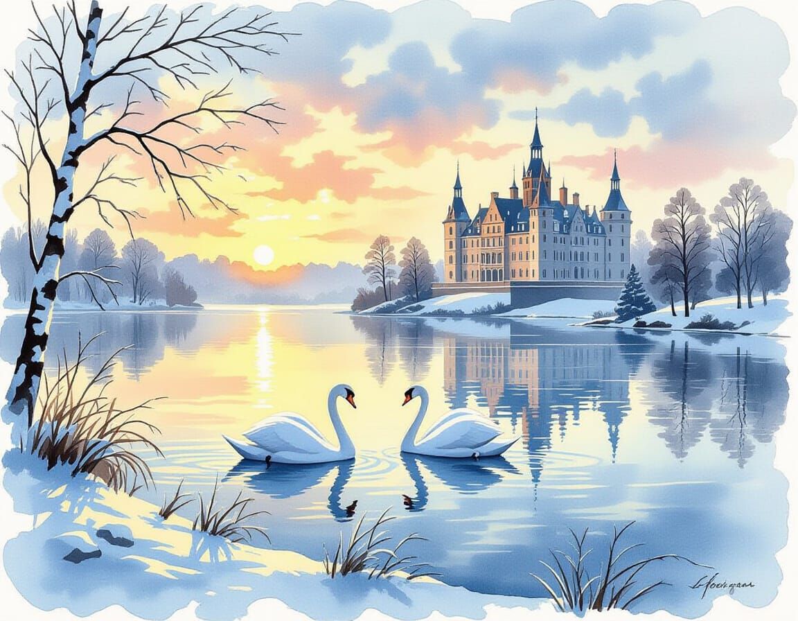 Swan Lake Watercolor Painting on Writing Page