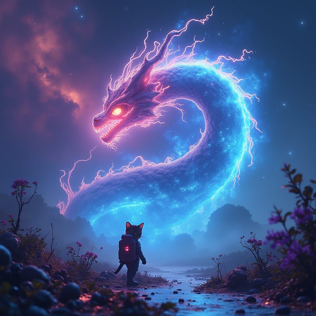 Ethereal Plasma Dragon Amidst Orion Nebula in Retro-Futurist...